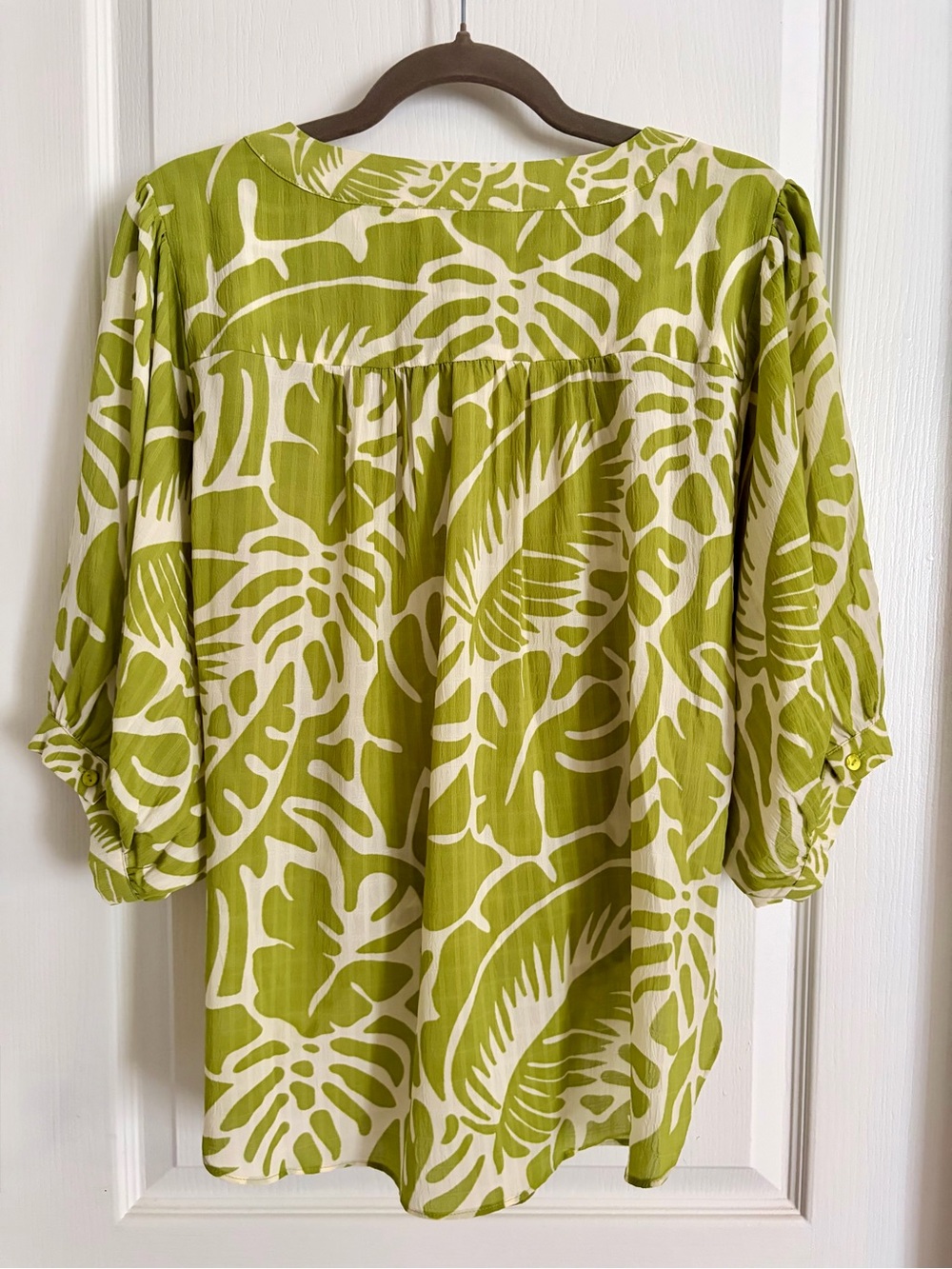 Rose & Olive Lime Green Palm-Print Women's Blouse - Picture 3 of 5